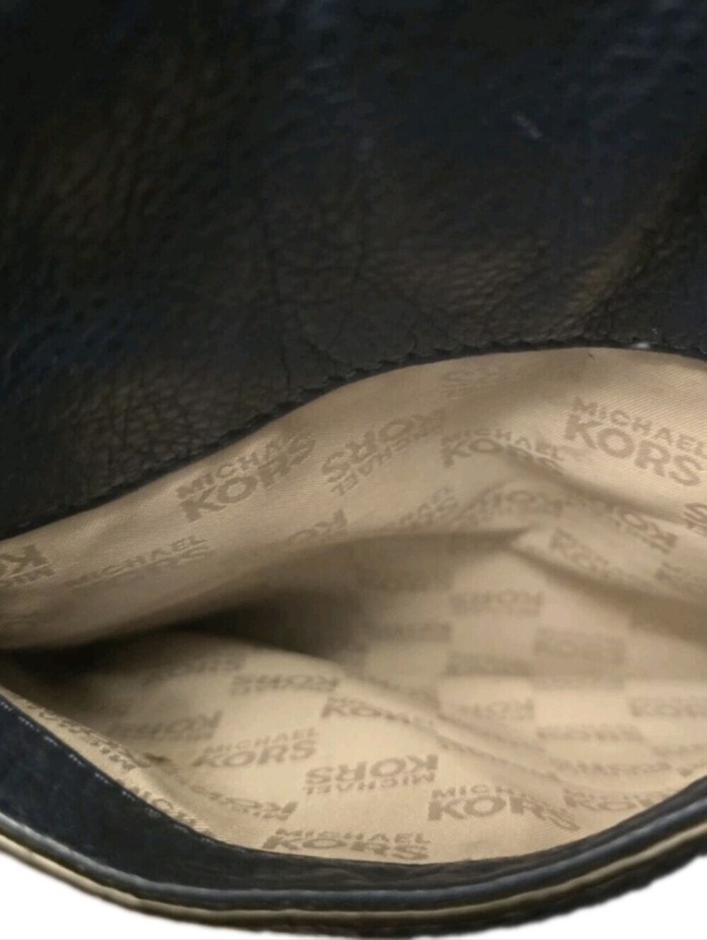 Michael Kors Navy Blue Pebbled Leather Tote Bag Tan Straps Gold Hardware - Picture 6 of 12